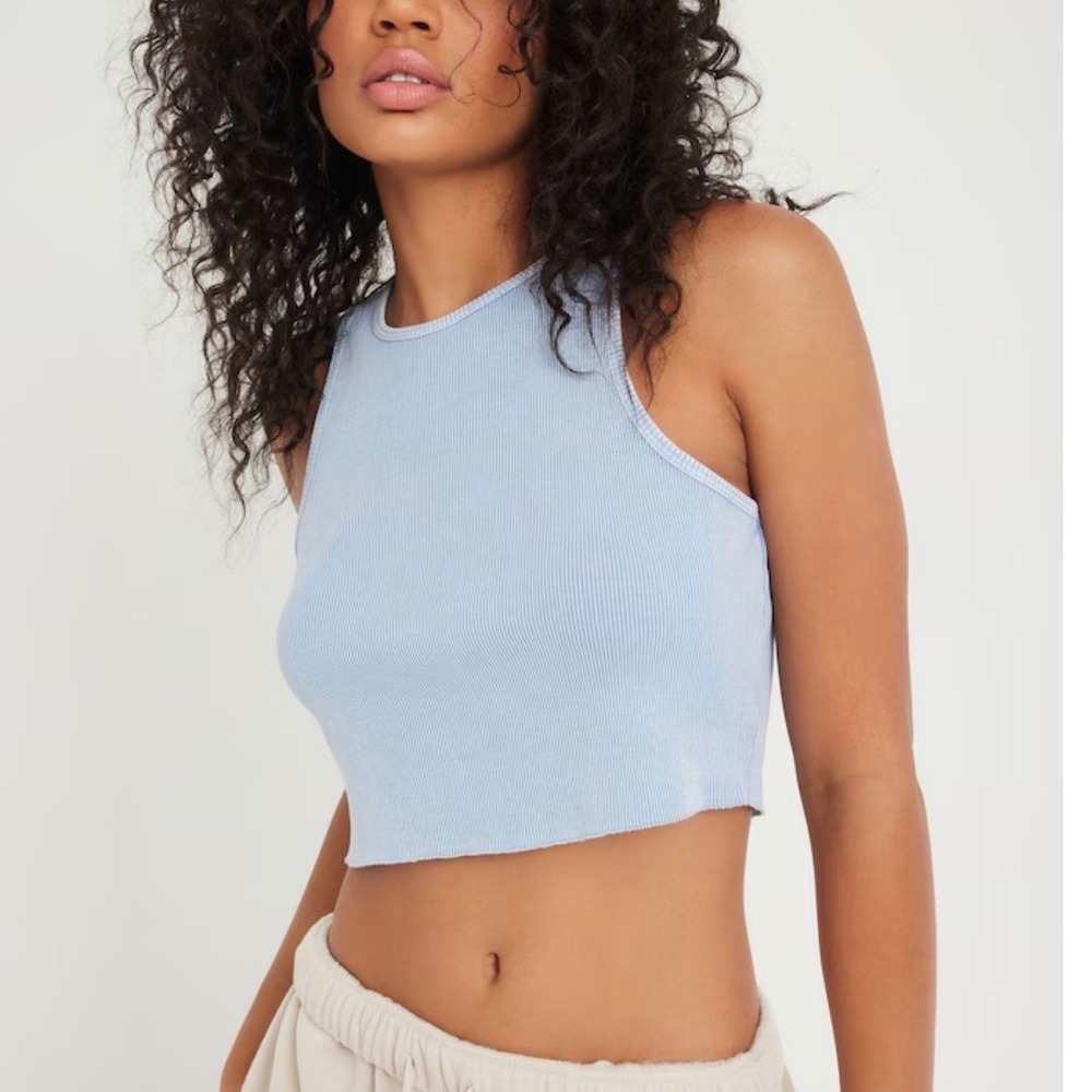 Garage Light Blue Distressed Ribbed High Neck Crop Tank Top Large 100% Cotton